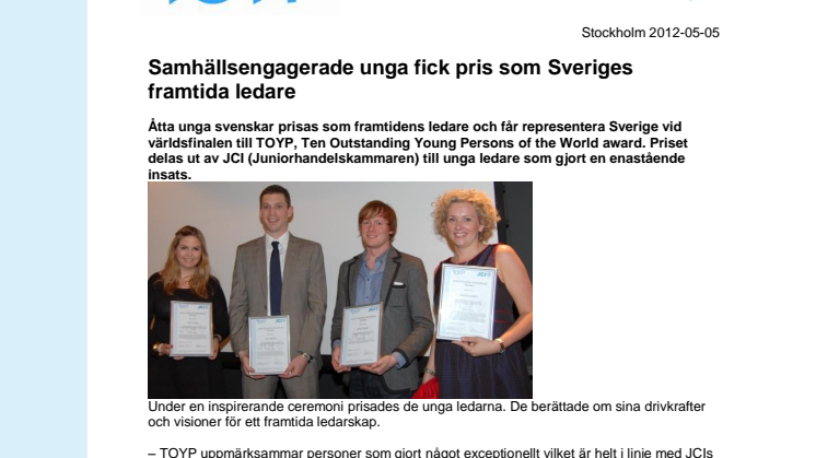 Samhällsengagerade unga fick pris som Sveriges framtida ledare