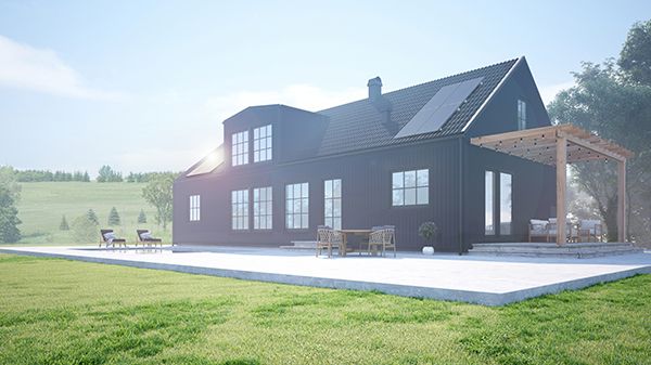 Hjältevadshus har infört solceller som standard på sina hus och är den småhustillverkare som klättrat mest på Byggfaktas topplista där tillverkarna rankas efter antal sökta och beviljade bygglov.  Bild: Villa Svala från Hjältevadshus.