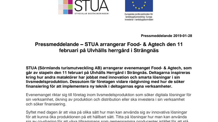 STUA arrangerar Food- & Agtech den 11 februari på Ulvhälls herrgård i Strängnäs