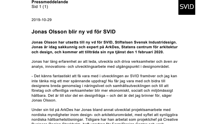 Jonas Olsson blir ny vd för SVID
