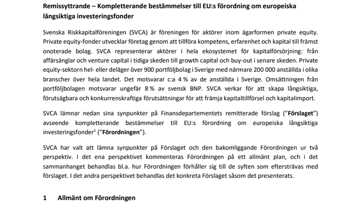 Remissyttrande - Kompletterande bestämmelser till EU:s förordning om europeiska långsiktiga investeringsfonder (Fi2016/01182/FPM)