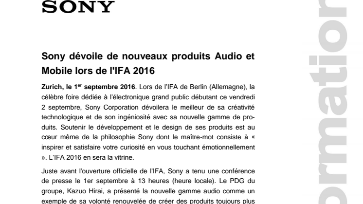 Sony dévoile de nouveaux produits Audio et Mobile lors de l'IFA 2016