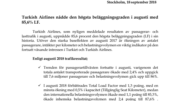 Turkish Airlines nådde den högsta beläggningsgraden i augusti med 85,6% LF.