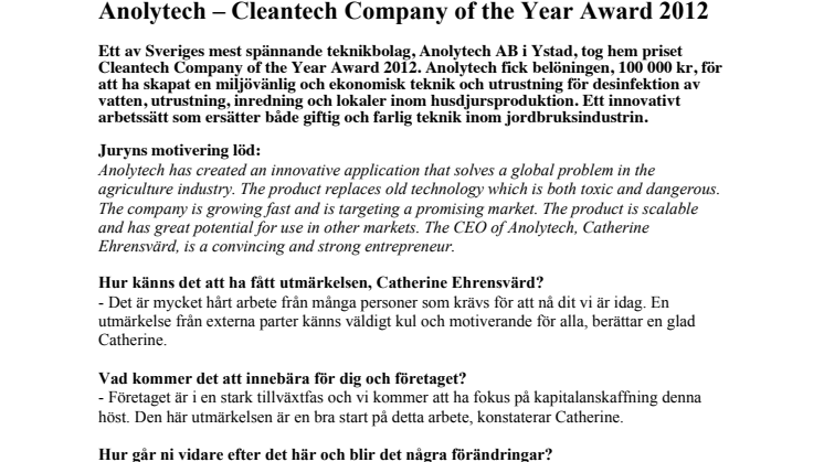 Anolytech - Cleantech Company of the Year Award 2012