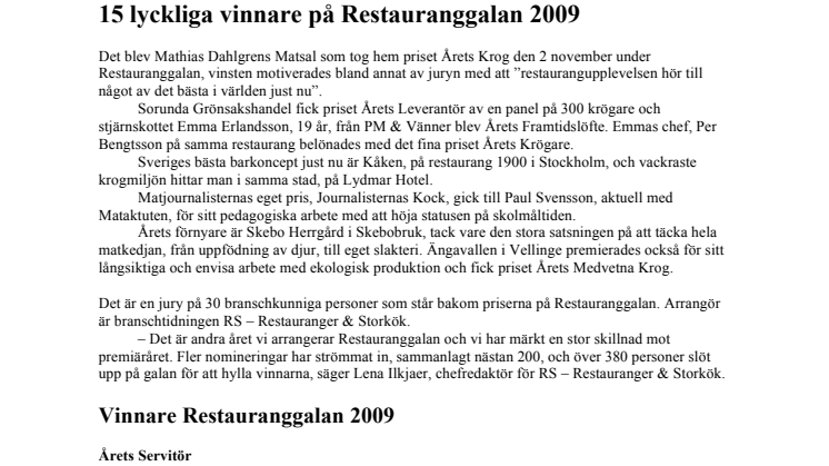 Mathias Dahlgren blev Årets Krog på Restauranggalan 2009