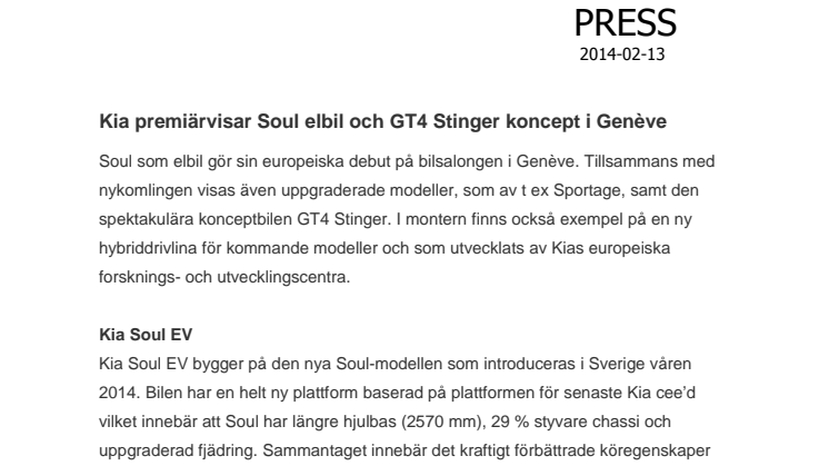 Kia premiärvisar Soul elbil och GT4 Stinger koncept i Genève