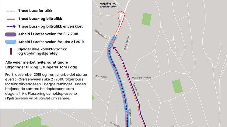 Kart over arbeider og kjøremønster i Grefsenveien