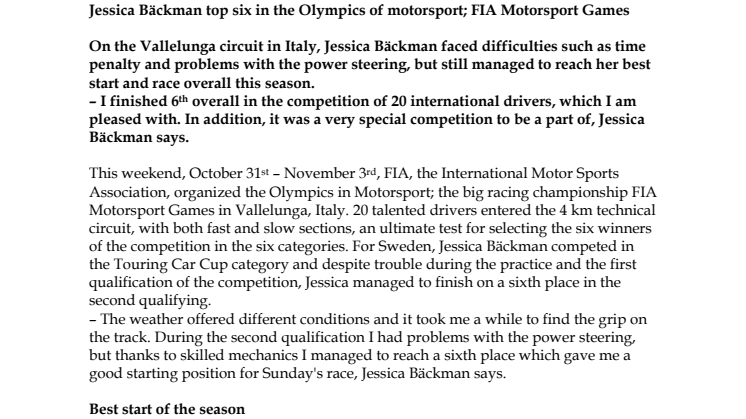 Jessica Bäckman top six in the Olympics of motorsport; FIA Motorsport Games