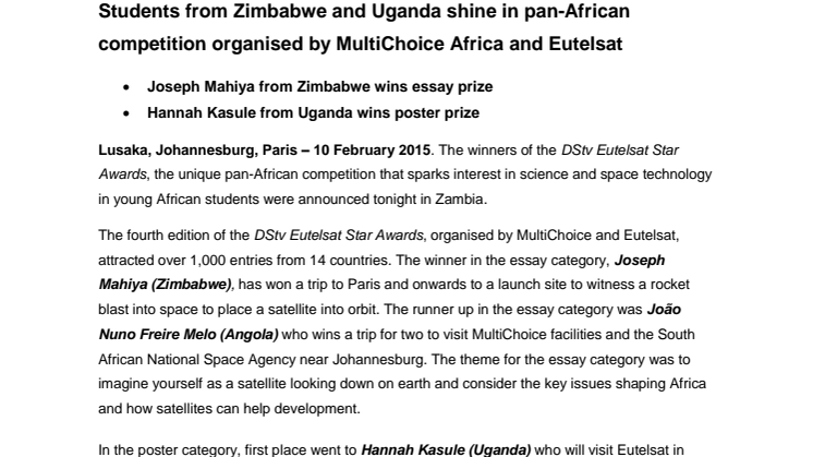 Students from Zimbabwe and Uganda shine in pan-African competition organised by MultiChoice Africa and Eutelsat