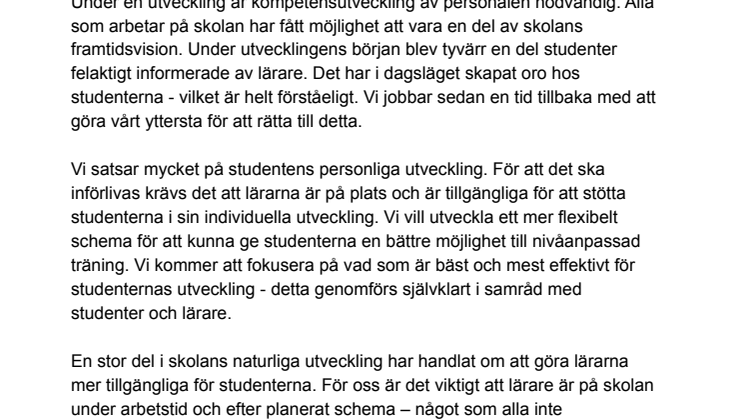 Öppet brev från artistutbildningen Performing Arts School, Göteborg