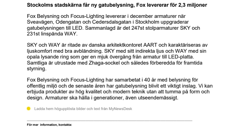 Fox levererar gatubelysning till Stockholms stadskärna