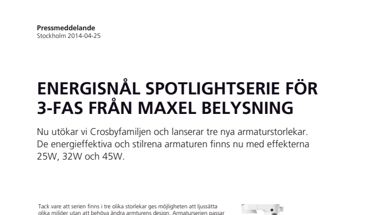 Energisnål spotlightserie för 3-fas från Maxel Belysning AB