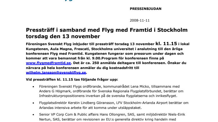 Pressträff i samband med Flyg med Framtid i Stockholm torsdag den 13 november