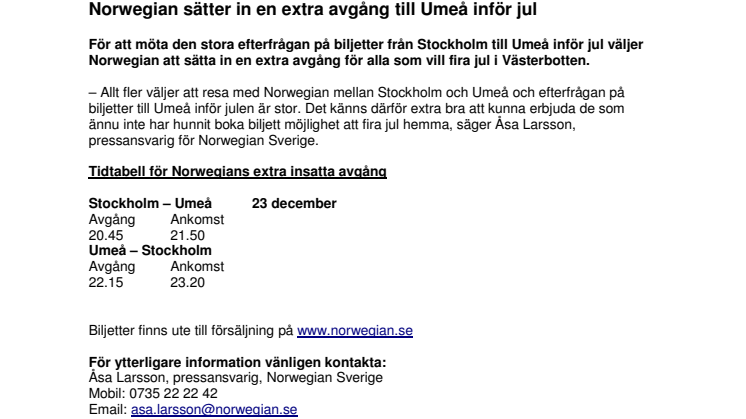 Norwegian sätter in en extra avgång till Umeå inför jul 