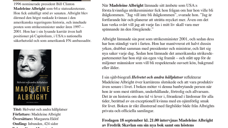 Madeleine Albright Sverigeaktuell med självbiografi — medverkar i Skavlan
