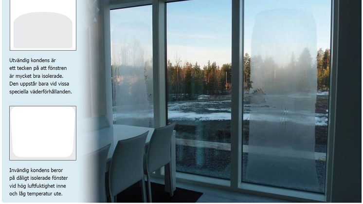 Tredelat fönsterparti i ett privat hem där de två yttersta glasen är vanliga fönster och den mittersta rutan har antikondensbeläggning. 