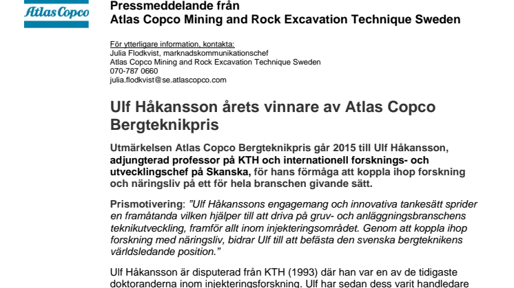 Ulf Håkansson årets vinnare av Atlas Copco Bergteknikpris
