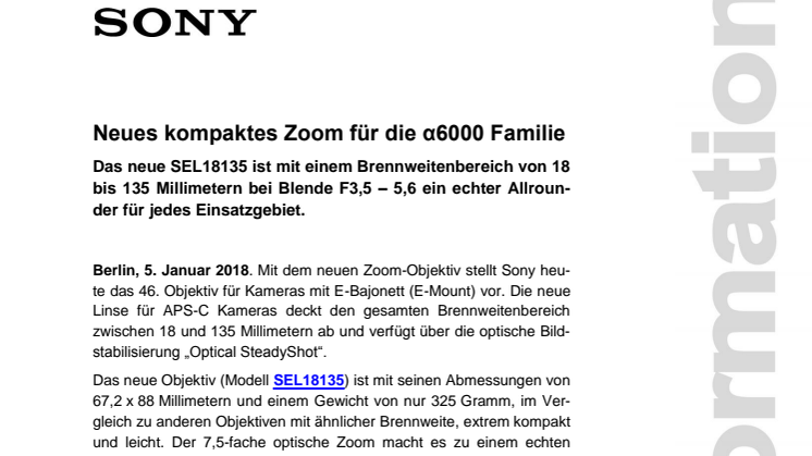 Neues kompaktes Zoom für die α6000 Familie