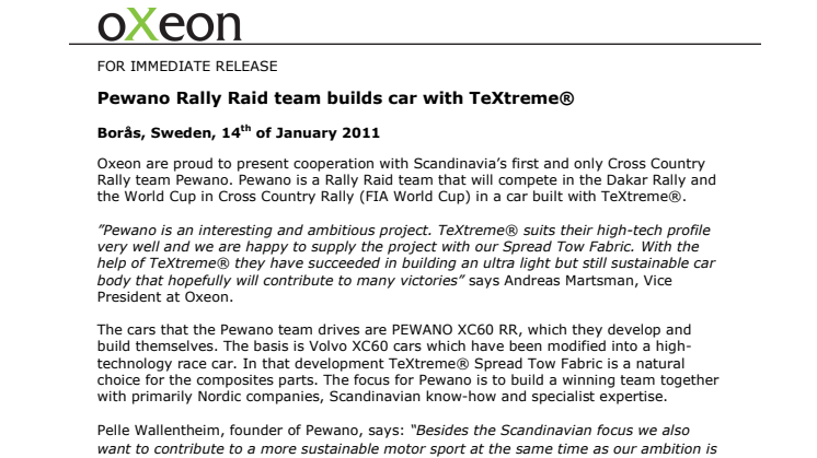 Pewano Rally Raid team builds car with TeXtreme® 