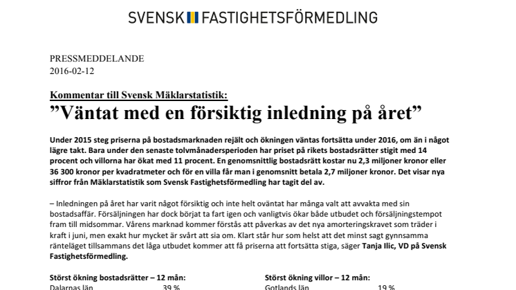 Kommentar till Svensk Mäklarstatistik: ”Väntat med en försiktig inledning på året”