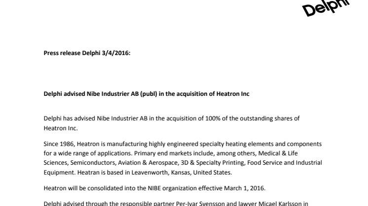Delphi advised Nibe Industrier AB (publ) in the acquisition of Heatron Inc
