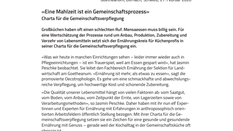 «Eine Mahlzeit ist ein Gemeinschaftsprozess». Charta für die Gemeinschaftsverpflegung 