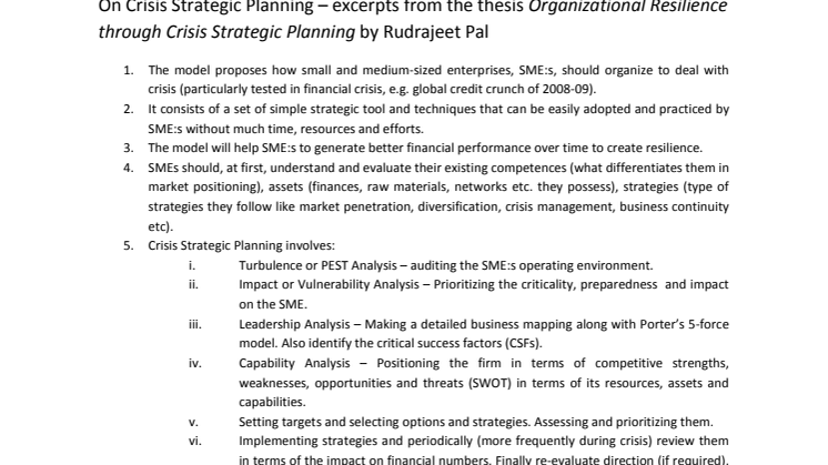 On Crisis Strategic Planning – excerpts from the thesis Organizational Resilience through Crisis Strategic Planning by Rudrajeet Pal