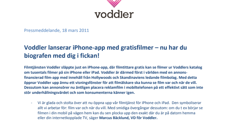 Voddler lanserar iPhone-app med gratisfilmer – nu har du biografen med dig i fickan!
