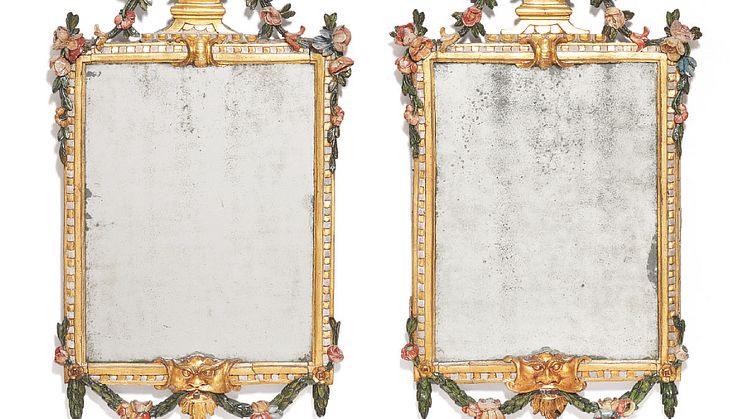 A set of five Italian Louis XVI giltwood and polycrome decorated mirrors. Late 18th century. Estimate: DKK 250,000 / € 33,500