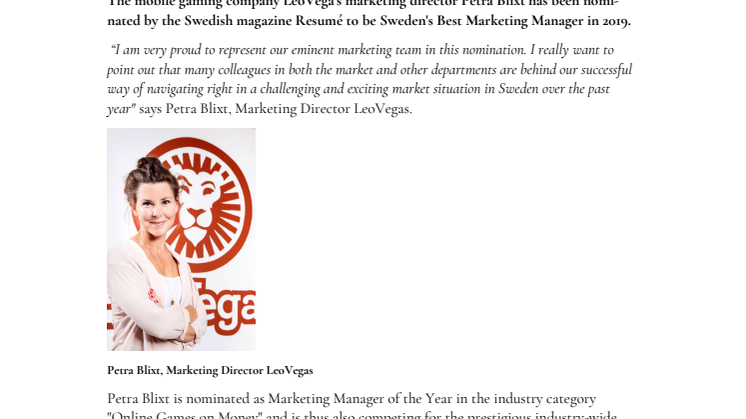 LeoVegas Marketing Director nominated for Sweden´s best Marketing Manager