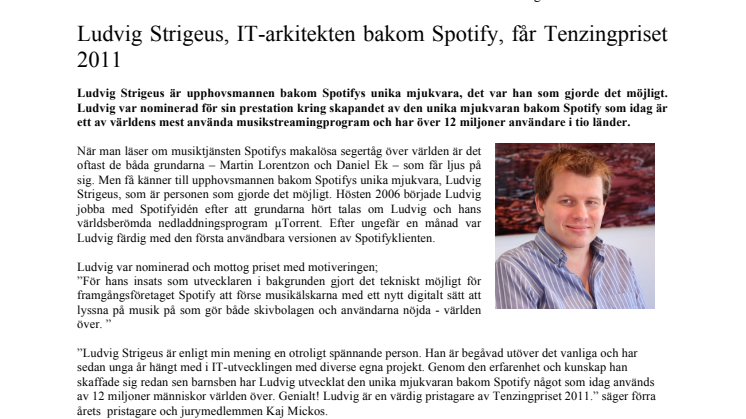 Ludvig Strigeus, IT-arkitekten bakom Spotify, får Tenzingpriset 2011 