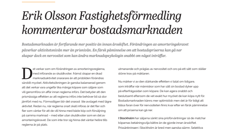Erik Olsson Fastighetsförmedling kommenterar bostadsmarknaden 14 feb 2018
