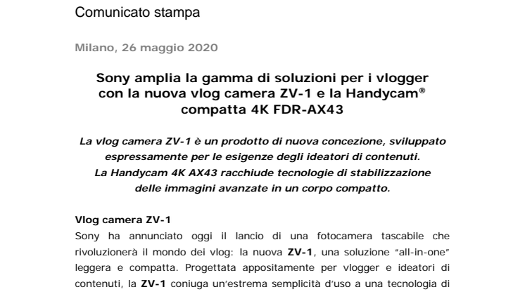 ​Sony amplia la gamma di soluzioni per i vlogger con la nuova vlog camera ZV-1 e la Handycam® compatta 4K FDR-AX43 