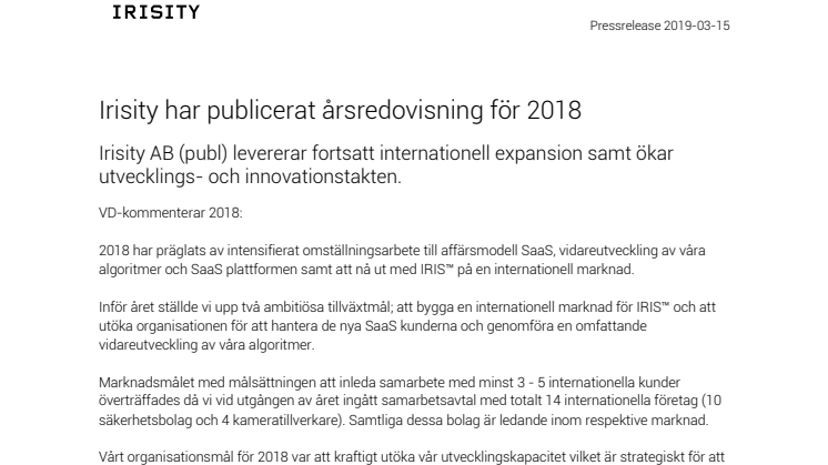 Irisity AB (publ) ÅR 2018
