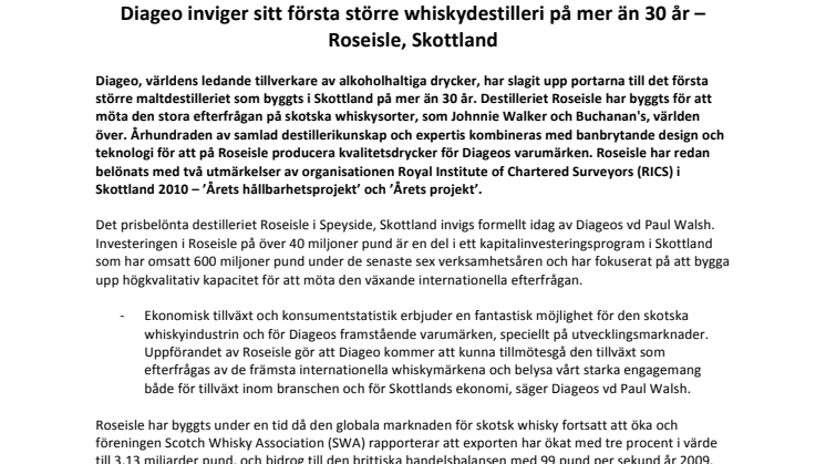 Diageo inviger sitt första större whiskydestilleri på mer än 30 år – Roseisle, Skottland