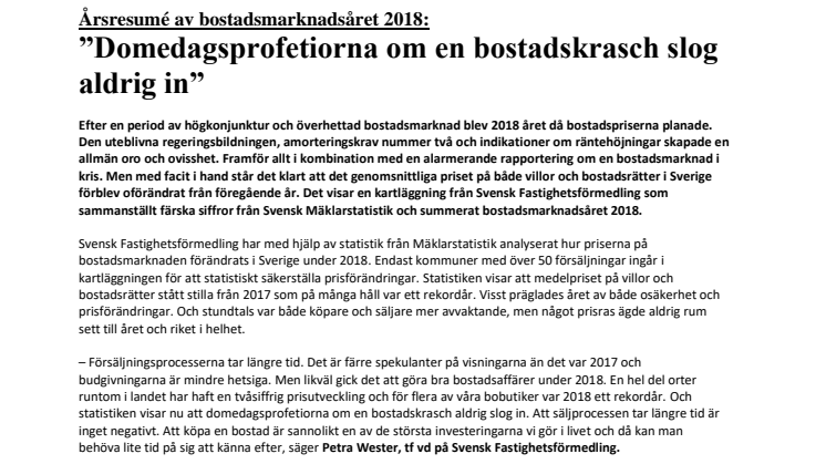 Årsresumé av bostadsmarknadsåret 2018: ”Domedagsprofetiorna om en bostadskrasch slog aldrig in”