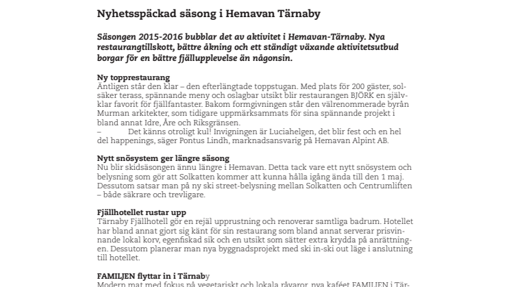 Nyhetsspäckad säsong i Hemavan Tärnaby