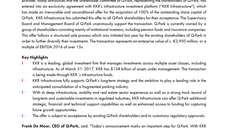 Q-Park N.V. Shareholders receive offer from KKR Infrastructure