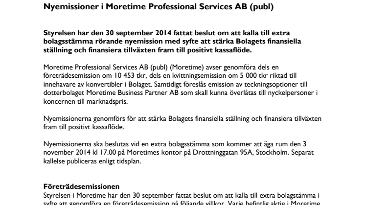 Nyemissioner i Moretime Professional Services AB (publ)