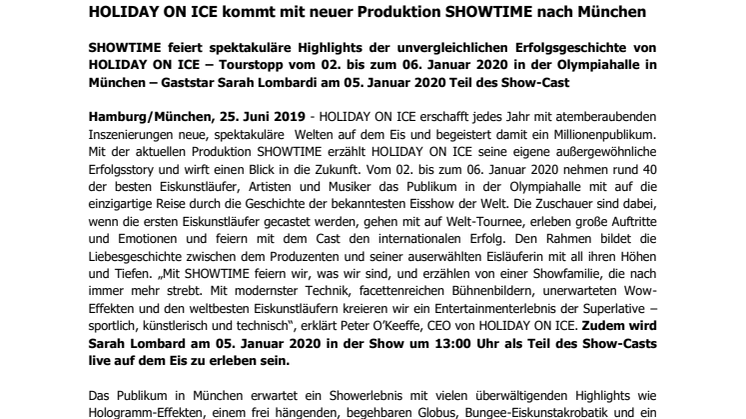 HOLIDAY ON ICE kommt mit neuer Produktion SHOWTIME nach München – Gaststarauftritt Sarah Lombardi