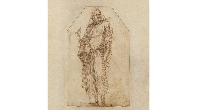 Domenico Beccafumi (vers 1486-1551) Saint Antoine - Dessin double face Plume et lavis de bistre Monogrammé en bas au milieu Au verso, Femmes agenouillées 20,5 x 13 cm