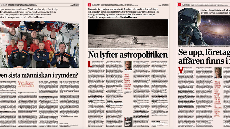 Tre gånger har rymdentreprenören Mattias Hansson, vd I.S.A.A.C., lyft den boomande rymdbranschen på helsidor i Dagens Industri.