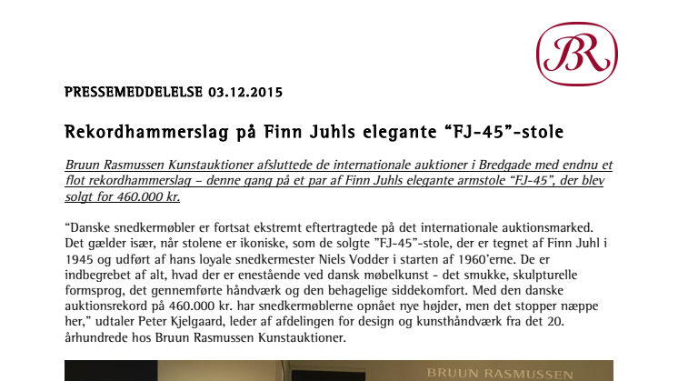 Rekordhammerslag på Finn Juhls elegante “FJ-45”-stole