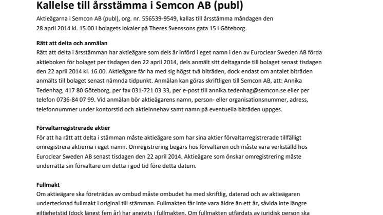 Kallelse till årsstämma i Semcon AB (publ) 