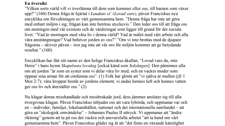 Sammanfattning på svenska av påvens miljöencyklika "Laudato Si"