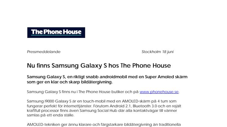 Nu finns Samsung Galaxy S hos The Phone House