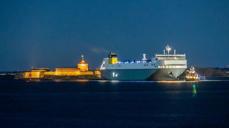 Faustine anlöpte Göteborgs hamn för första gången under natten till måndag. Under tisdagen anlöper fartyget Zeebrugge lastat med svenskt exportgods. Bild: Göteborgs Hamn AB.