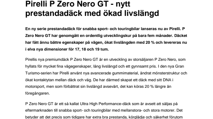 Pirelli P Zero Nero GT - nytt  prestandadäck med ökad livslängd