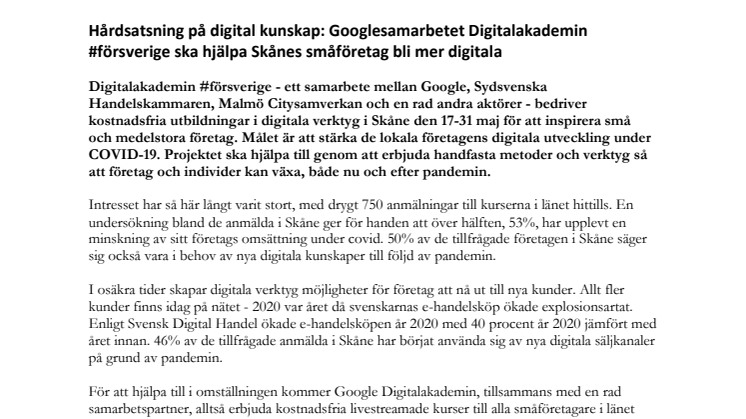 Hårdsatsning på digital kunskap: Googlesamarbetet Digitalakademin #försverige ska hjälpa Skånes småföretag bli mer digitala 