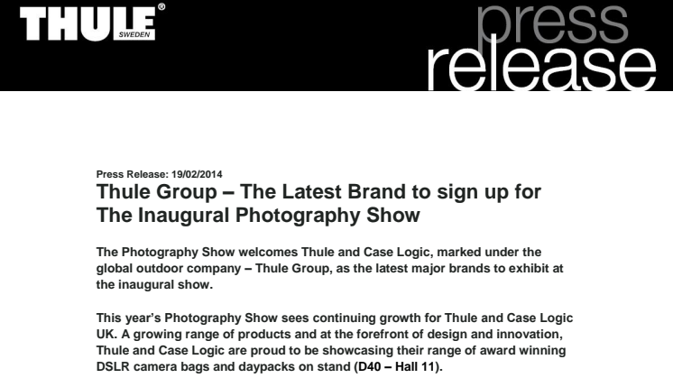 Thule Group – The Latest Brand to sign up for The Inaugural Photography Show